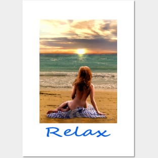 Woman girl seated on beach looking at sunset zen yoga buddhism Posters and Art